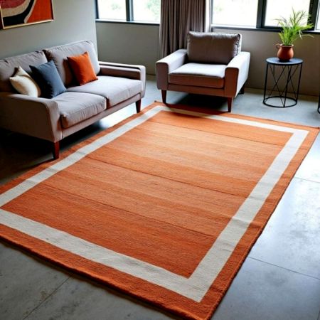 Hand Knotted Orange And Beige Wool Rug